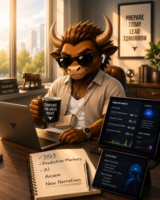 An AI-generated image of a bull-headed character in sunglasses working at a desk with a laptop, holding a 'STARTING THE WEEK RIGHT' mug, with a notebook listing 'DG3, Prediction Markets, AI, Ansem, New Narratives' and framed 'PREPARE TODAY LEAD TOMORROW' text.