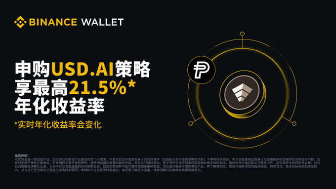 The image is a Binance Wallet promotional graphic announcing an annual yield of up to 21.5% for subscribing to the USD.AI strategy, featuring Binance Wallet branding alongside the PYUSD and USD.AI logos.

The graphic visually supports the accompanying post by highlighting the ultra-high yield opportunity (21.5% APY) for the USDAI wealth management event and showcasing the PYUSD-sUSDai strategy mentioned.