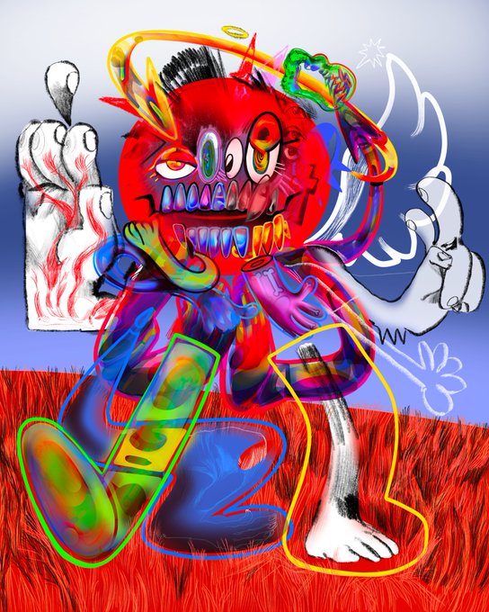 A chaotic, colorful digital drawing of a red-headed creature with sharp teeth, depicted in a scribbled, abstract style with rainbow outlines.