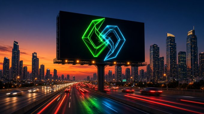 A nighttime cityscape at dusk featuring a large digital billboard displaying a green and blue glowing 3D logo, with streaks of car lights flowing on a highway below and skyscrapers in the background.