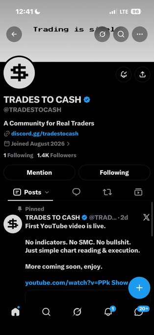 A Twitter/X profile page for "TRADES TO CASH" (@TRADESTOCASH), described as "A Community for Real Traders" with a Discord link, joined August 2026, showing 1 following and 1.4K followers.