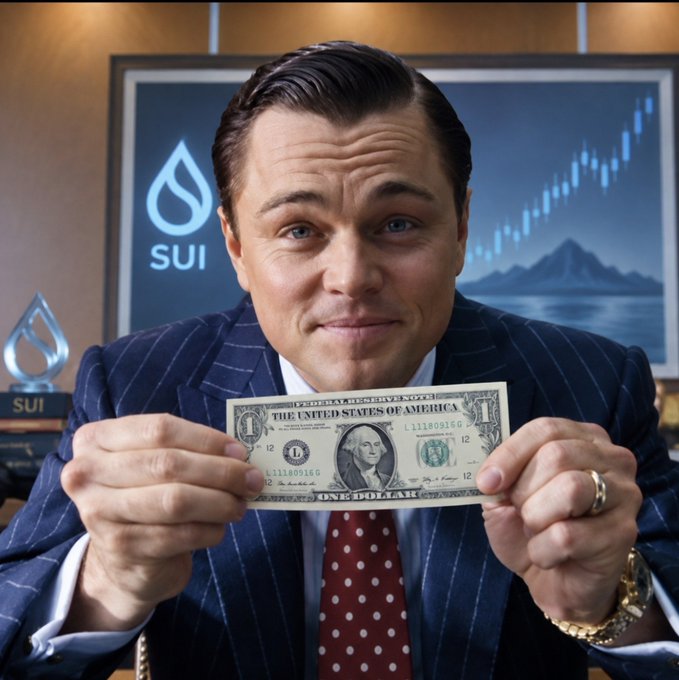 A man resembling Leonardo DiCaprio in a blue pinstripe suit holds up a one-dollar bill, with 'SUI' logos and a cryptocurrency chart displayed on a screen behind him.