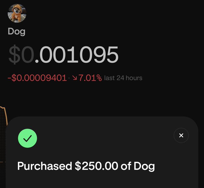 A cryptocurrency app showing the price of 'Dog' token at $0.001095, down 7.01% in the last 24 hours, with a confirmation notification for purchasing $250.00 of Dog.