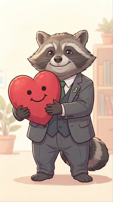 An anthropomorphic raccoon in a gray suit and green tie holds a smiling red heart, symbolizing care and emotional support. The image visually reinforces the post's message of comfort and empathy toward $CATE holders who have suffered recent losses.