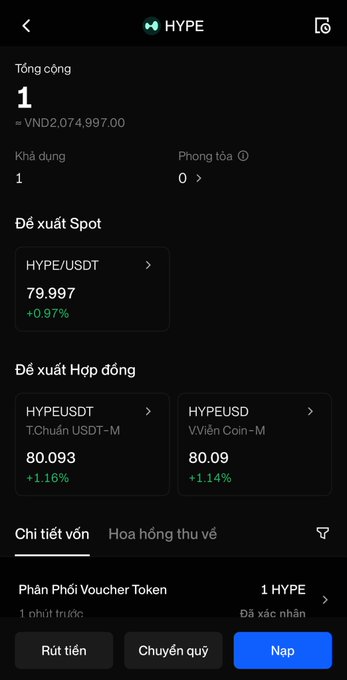 A cryptocurrency trading app screenshot displays the 'HYPE' token price at 79.997 USDT on the Spot market and shows available contract options.