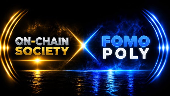A dramatic split graphic showcases the collaboration between "ON-CHAIN SOCIETY" in fiery gold/orange on the left and "FOMO POLY" in electric blue on the right, facing each other across a glowing horizon — visually representing the partnership announcement between the two blockchain gaming projects for whitelist mint spots.
