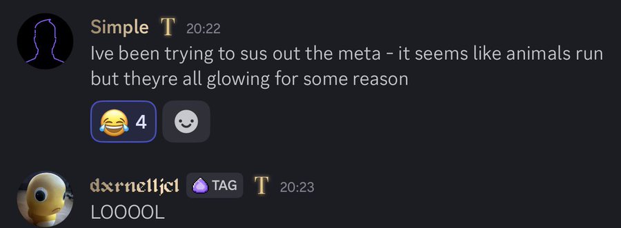 A Discord exchange where user "Simple" remarks at 20:22, "Ive been trying to sus out the meta – it seens like animals run but theyre all glowing for some reason," receiving a 😂 4 reaction, followed by "dxrneljc1" replying "LOOOOL" with a 🏷️ TAG at 20:23—capturing the meme referenced in the post about animal memecoins suspiciously "glowing" in the meta.