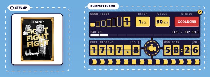 A digital dashboard titled "DUMPSTR ENGINE" showing a Trump-themed NFT card and a "COOLDOWN" status timer, with a fuel reserve readout of 1717.8 SOL.