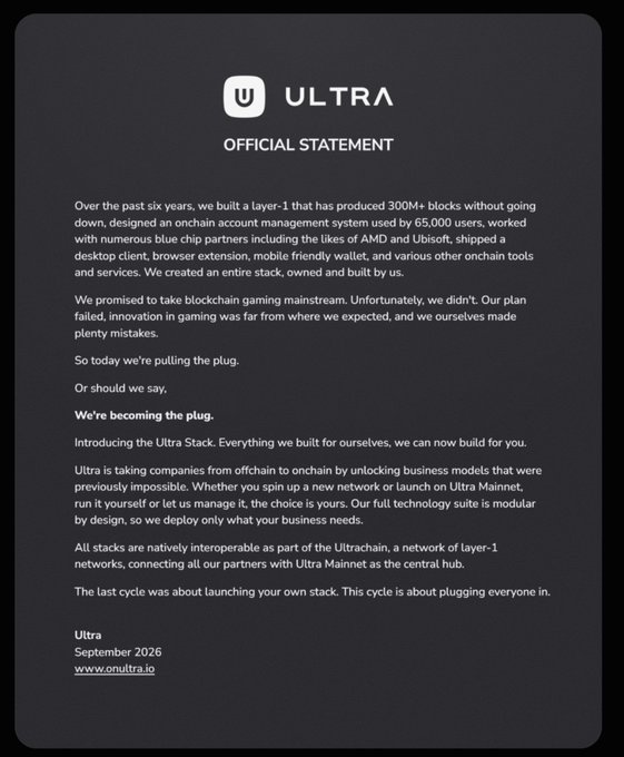 An official statement from Ultra dated September 2026, announcing that Ultra is pivoting from gaming to become the 'plug' by offering modular onchain stack components built on Ultrachain, with the website www.onultra.io.