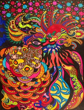 A colorful, psychedelic digital illustration of a lion-like creature with elaborate, swirling patterns, vibrant rainbow colors, and decorative floral motifs.