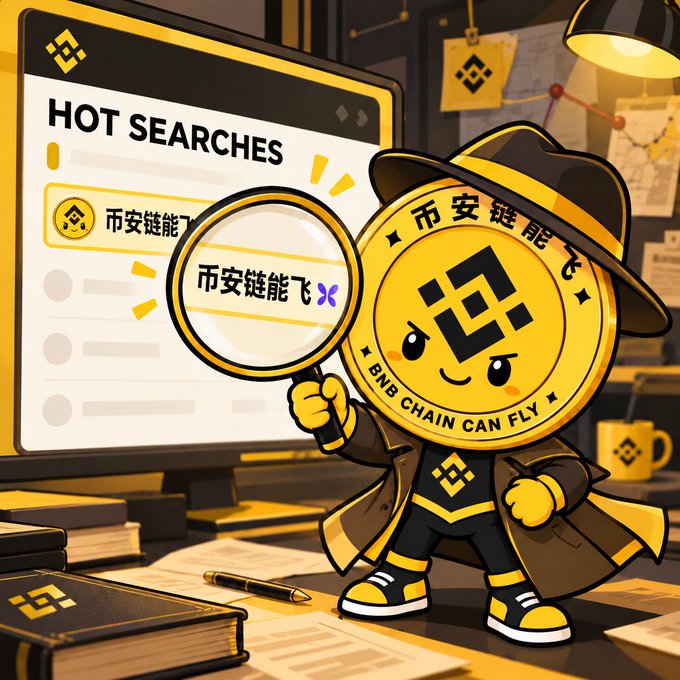 A cartoon illustration of a BNB coin mascot dressed as a detective in a trench coat and hat, holding a magnifying glass in front of a computer screen displaying 'HOT SEARCHES' and Chinese text.