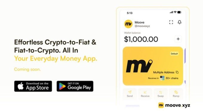 A promotional graphic for 'moove xyz' describing it as 'Effortless Crypto-to-Fiat & Fiat-to-Crypto. All In Your Everyday Money App,' featuring a phone screen showing a wallet balance of $1,000.00 and App Store and Google Play download buttons.