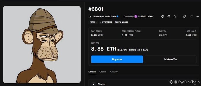 NFT listing for Bored Ape Yacht Club #6801, showing a brown ape wearing a beanie, with a top offer of 8.23 ETH and a buy now price of 8.88 ETH.