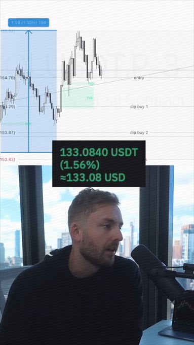 A man speaking into a microphone during a podcast, with a trading chart above showing a candlestick graph and text reading '133.0840 USDT (1.56%) ≈133.08 USD' along with annotations for 'entry', 'dip buy 1', and 'dip buy 2'.