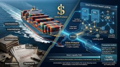 Infographic illustrating global trade and logistics, featuring a cargo ship, delivery box, payment symbols, and a smart contract blockchain flow connecting smart contracts to the money receiver.