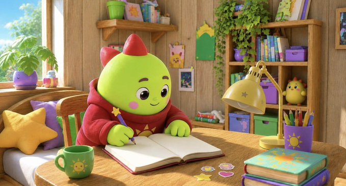 A cartoon illustration of a cute green creature with red spikes on its head, wearing a red hoodie, writing in a notebook at a desk in a cozy, colorful room with books, plants, and toys.
