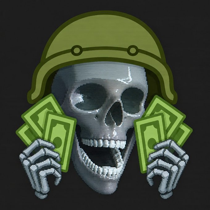 A pixel art illustration of a skull wearing a green military helmet and holding stacks of green money in its skeletal hands.