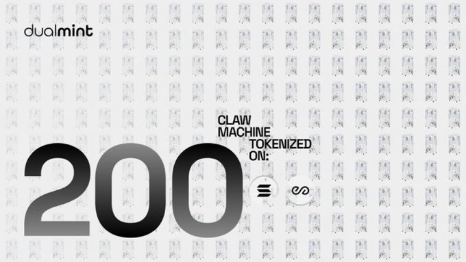 A promotional graphic displays the text 'dualmint', '$CLAW MACHINE TOKENIZED ON:', and a large '200' alongside Solana and Ethereum logos.