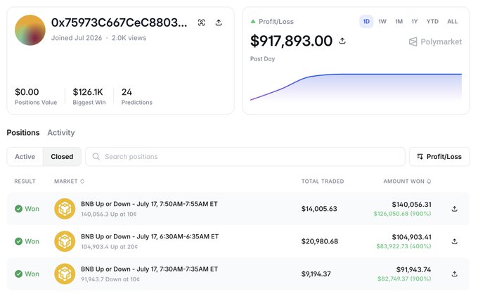A Polymarket trading profile screenshot for user 0x75973C667CeC8803... showing a profit/loss of $917,893.00, with closed positions on BNB Up or Down markets from July 17 showing winning trades.