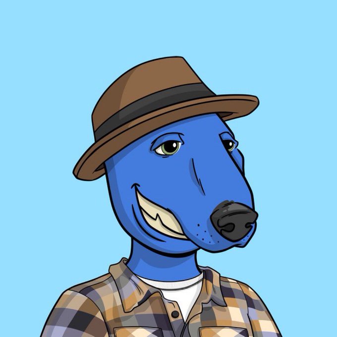 An illustrated cartoon depicts a blue dog character wearing a brown fedora and a plaid shirt against a light blue background.