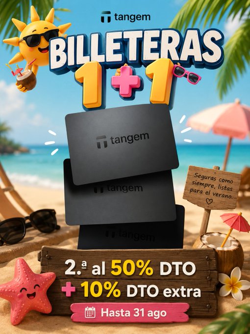 A Spanish-language promotional advertisement for 'tangem' cryptocurrency wallets titled 'BILLETERAS 1+1,' offering '2.ª al 50% DTO + 10% DTO extra Hasta 31 ago' against a tropical beach background.