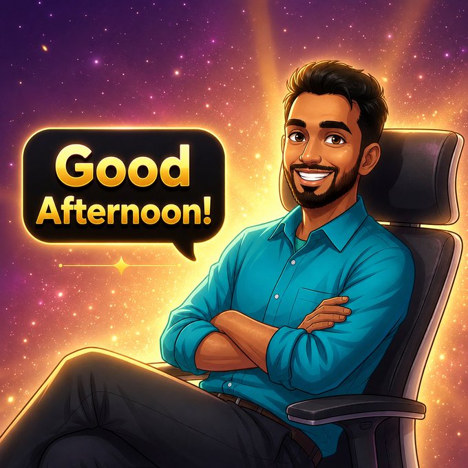 An illustrated man sitting in a chair against a starry purple and orange background, with a speech bubble reading 'Good Afternoon!'