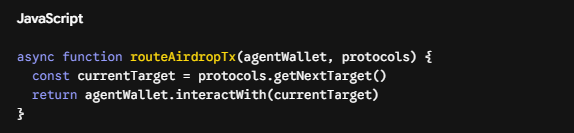 The image shows a code block with a text box containing information about an agent that is being used for an airdrop. The text explains that the agent needs to be optimized for the potential network base activity, which involves distributing transactions across multiple decentralized protocols. This optimization process requires careful consideration of the script's execution and the distribution of transactions among various protocols.