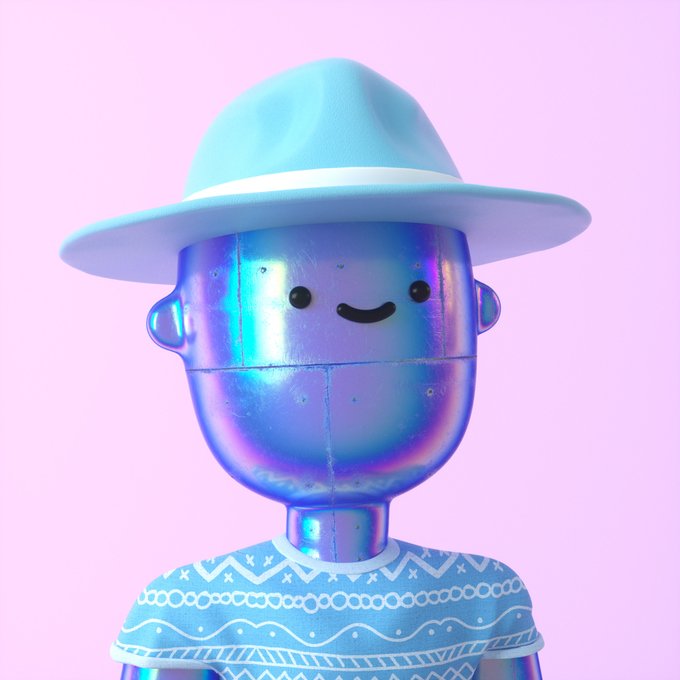 A 3D-rendered robot with a holographic silver head, simple smiley face, light blue hat, and patterned blue shirt against a pink background.