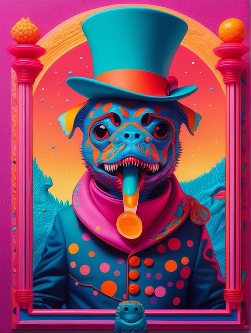 A colorful, psychedelic digital artwork features a blue dog wearing a teal top hat and a polka-dot suit with its tongue out.