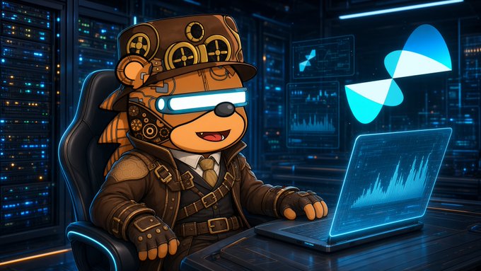 An anime-style cartoon bear wearing steampunk goggles and a leather jacket, sitting at a futuristic data center desk working on a laptop displaying charts, with a blue butterfly logo floating in the background.