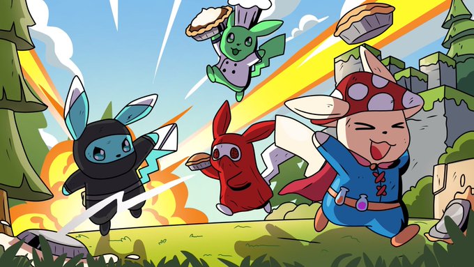 A lively, cartoon-style illustration features four adorable costumed characters—including a ninja, a knight, a mushroom-capped wizard, and a red-hooded figure—joyfully leaping forward with weapons and pastries in hand, set against a bright, action-packed fantasy backdrop.

The whimsical, action-packed art complements the "Katchu" NFT project's post by conveying a fun, community-driven, and energetic vibe that matches its holder-first token airdrop approach and limited 2,950-piece mint supply.
