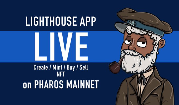 The image features a cartoon character wearing a hat and a brown jacket, standing against a blue background. Below this image, there's text that reads "Lighthouse App Live" followed by a list of items such as "Creative", "mint/buy/sell", "NFTs on Pharos Mainnet". The main focus is the cartoon character wearing a hat and a brown jacket, with the text "@LighthouseDApp is officially LIVE! The First NFT Launchpad & Marketplace @pharos_network" written above it.