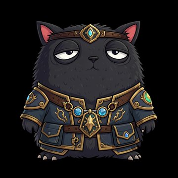 A digital illustration of a black cat character wearing ornate blue and gold fantasy armor with gems, set against a black background.