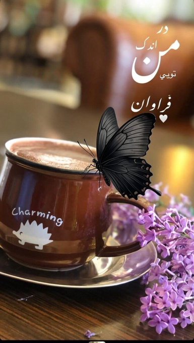 A cup of coffee or tea with a black butterfly perched on its rim is accompanied by lilac flowers and Persian/Urdu text reading 'میں ایک ہی ہوں فیاراں'.