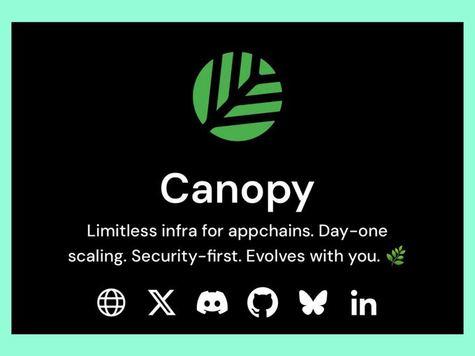 A promotional graphic for Canopy, featuring a green leaf logo on a black background with the tagline 'Limitless infra for appchains. Day-one scaling. Security-first. Evolves with you.' and various social media icons.