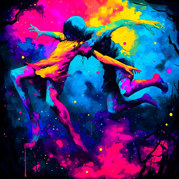 A vibrant, abstract digital painting featuring intertwined humanoid figures rendered in bold splashes of magenta, yellow, cyan, and blue against a dark background with paint-drip details and scattered colorful dots.