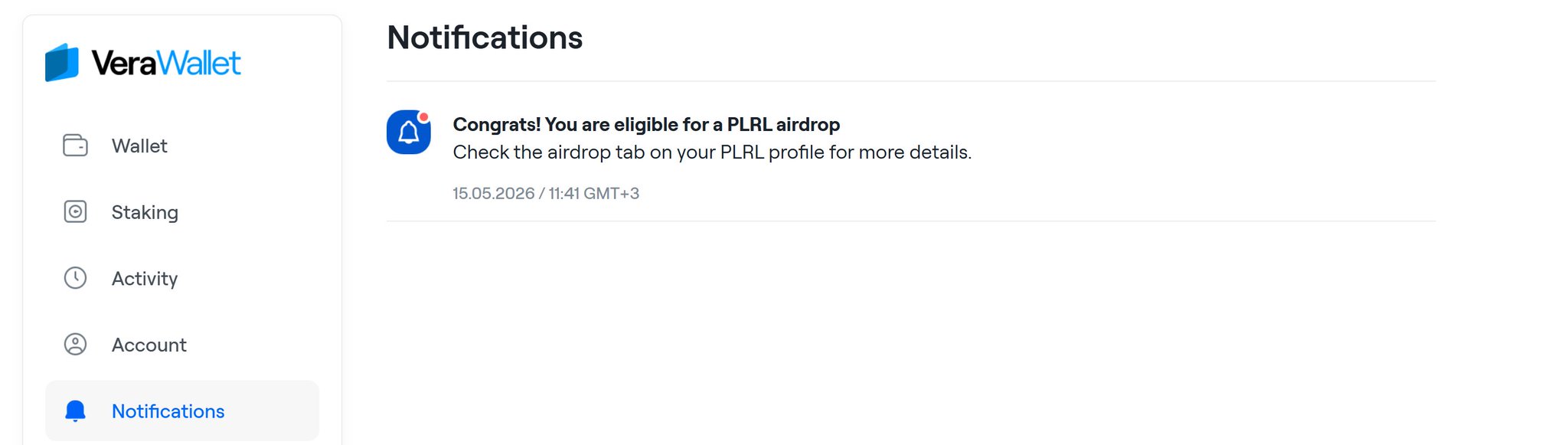 A screenshot of the VeraWallet Notifications page displays a single alert stating "Congrats! You are eligible for a PLRL airdrop" with instructions to check the airdrop tab on the PLRL profile for more details, timestamped 15.05.2026 / 11:41 GMT+3. The interface features a left sidebar with menu options including Wallet, Staking, Activity, Account, and the currently selected Notifications tab, aligning with the post announcing the VRA to PLRL token airdrop.