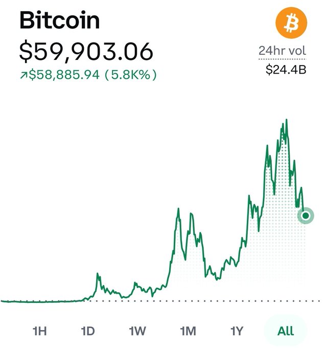 A Bitcoin price chart showing BTC at $59,903.06 with a 5.8% gain to $58,885.94 and $24.4B in 24-hour trading volume, displayed on the "All" timeframe. The image illustrates Bitcoin's dramatic long-term growth trajectory, visually supporting the post's speculation about extreme future price scenarios—whether a crash to $5k or a surge to $200k.