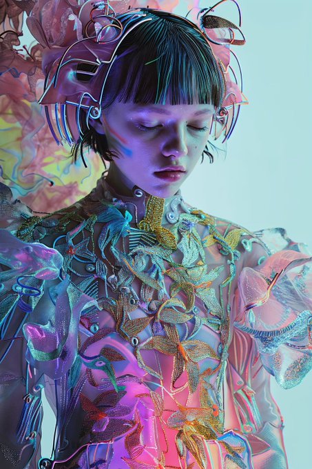 A young figure with closed eyes wears an elaborate, futuristic outfit featuring holographic butterfly appliqués, ruffled pink sleeves, and a bow-adorned headpiece with wire details, all rendered in iridescent pinks and blues. The artwork aligns with the "gm /imagine" prompt by @ClaireSilver, showcasing her signature blend of ethereal portraiture and surreal, dreamlike digital fashion.