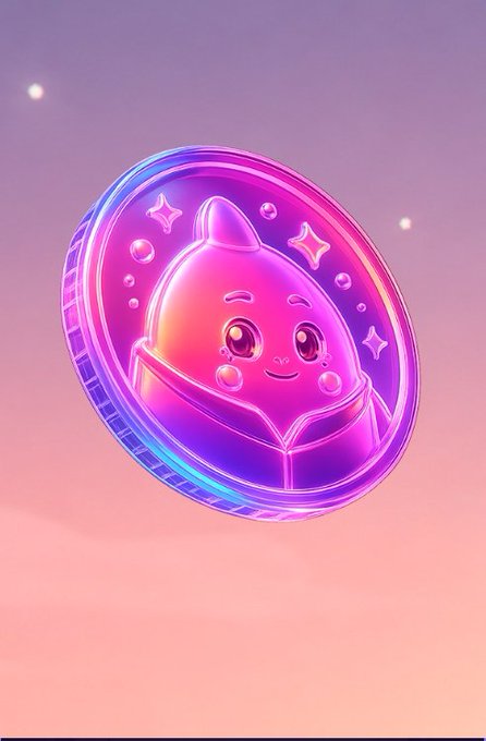 A glowing purple and pink coin featuring a cute teardrop-shaped character with a tuft of hair and a cozy blanket, surrounded by sparkles, floats against a dreamy pastel sky. The image ties to the caption by visually representing the $SLEEP token airdrop from Sleepagotchi, symbolizing the digital rewards awaiting users who complete their wallet verification on Solana.