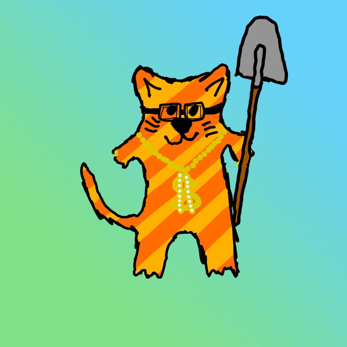 A cartoon illustration depicts an orange tabby cat with stripes, wearing sunglasses, a gold chain with a dollar sign pendant, and holding a shovel, set against a light blue and green gradient background.