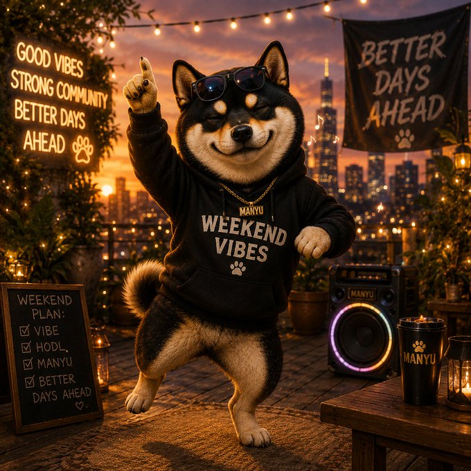 iced tea and a "Good Vibes" banner ad are displayed on the table, accompanied by a black and white dog wearing sunglasses and a "Weekend Vibes" hoodie.
3. The background features a city skyline at sunset with buildings of various sizes and colors.