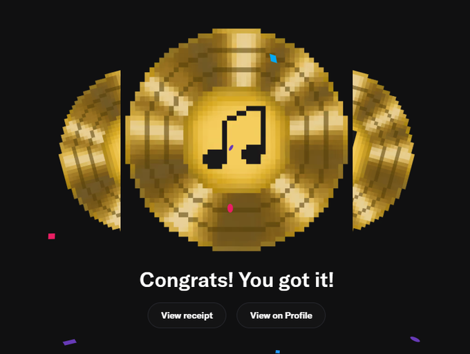 A digital screen displays a pixelated golden record with a musical note icon, confetti, and text reading 'Congrats! You got it!' with buttons for 'View receipt' and 'View on Profile'.