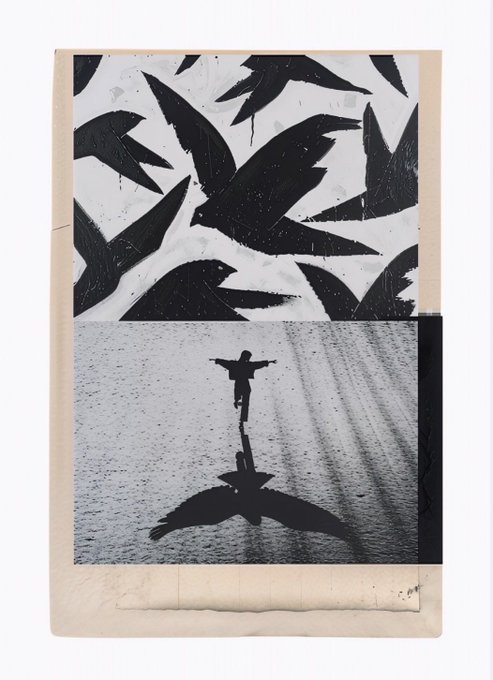 An art piece featuring black swallow silhouettes in the upper portion and a black-and-white photograph of a person with arms outstretched casting a star-shaped shadow on sand below.