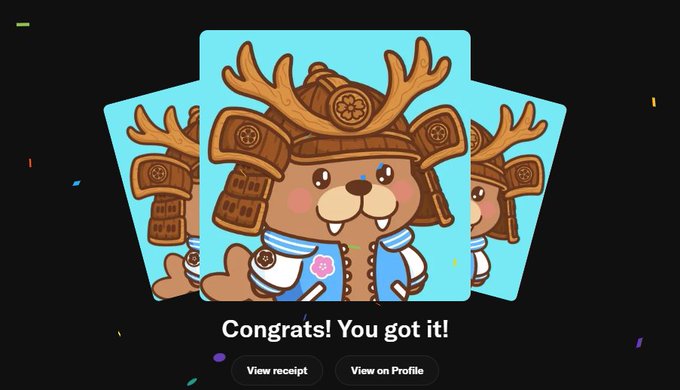 A digital "Congrats! You got it!" screen shows three identical cartoon NFTs of a beaver dressed in samurai armor with a helmet featuring antlers, also offering "View receipt" and "View on Profile" buttons.