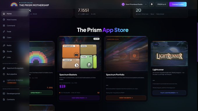 The image displays "The Prism Mothership" app store interface, showing ecosystem apps including Spectrum Baskets ($19), Spectrum Portfolio, and Lightrunner, with the Prism token priced at 7.1551 and a market cap of 8.34%. This directly relates to the post by showcasing the core "Mothership" token ecosystem referenced as the single token backing Prism's ERC-20 structure built on Uniswap V4 hooks, highlighting the live ecosystem apps that holders can access rather than the gimmicky alternatives mentioned in the thesis.