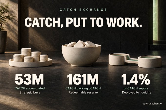 A promotional graphic for CATCH EXCHANGE featuring the tagline 'CATCH, PUT TO WORK' with statistics: 53M CATCH accumulated strategic buys, 161M CATCH backing redeemable reserve, and 1.4% of CATCH supply deployed to liquidity.