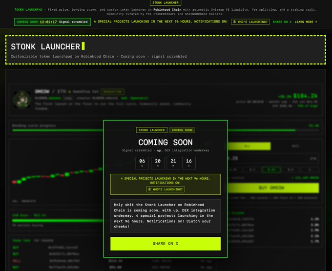 A countdown timer on the "STONK LAUNCHER" website shows 6 days, 20 hours, 21 minutes, and 16 seconds until launch, with a notification indicating "4 SPECIAL PROJECTS LAUNCHING IN THE NEXT 96 HOURS." The image visually supports the tweet's claim about StonkBroker having 4 upcoming project launches within 96 hours, though the timer suggests the platform may go live earlier than the stated August 12, 3:00 deadline.