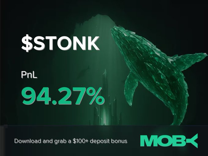 A promotional graphic for Moby features a large whale swimming through a dark, green-lit underwater scene with the text "$STONK" and a PnL of "94.27%" prominently displayed alongside a call-to-action for a "$100+ deposit bonus." The imagery and statistics visually reinforce the win alert, celebrating the trader's highly profitable 94.27% gain on the STONK position.