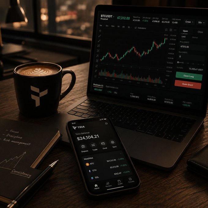 A trading setup showing a laptop with a BTC/USDT perpetual chart on Binance (price 67,312.00), a smartphone displaying the TRIA app with a $24,104.21 balance, a coffee mug, and a notebook listing 'Focus, Discipline, Risk management, Consistency.'